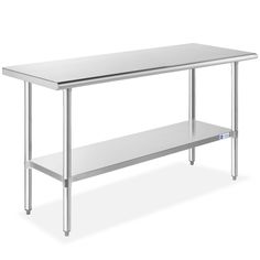 a stainless steel work table with one shelf on each side and two legs at the bottom