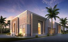 an artist's rendering of a building with palm trees in the foreground and two people standing outside