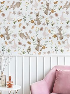 Peel and Stick or Traditional Nursery Wallpaper - Vintage Peter and Flopsy Rabbit Bunny Watercolour Flower Floral Pattern ANY COLOUR Smooth Walls, Nursery Wallpaper, Nursery Wall Decals, Textured Wallpaper