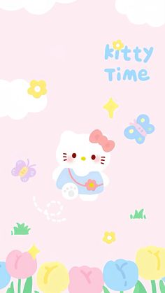 hello kitty wallpaper with flowers and butterflies in the sky, on a pink background