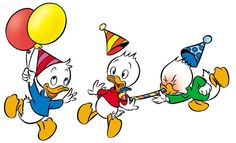 three cartoon birds are flying with balloons and hats on their heads, one is holding a balloon