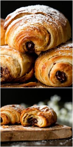 several different types of pastries are stacked on top of each other in this collage