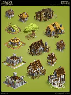 a bunch of different types of houses on a green background with text that says king's warriors