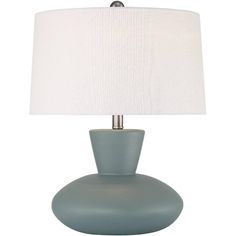 a blue table lamp with a white shade