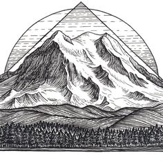 a drawing of a mountain with trees in the foreground