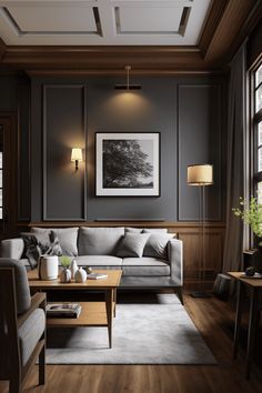 a living room with wood paneling and gray couches, coffee table and lamp