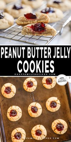 peanut butter jelly cookies on a cookie sheet and in the background is a cooling rack full of cookies