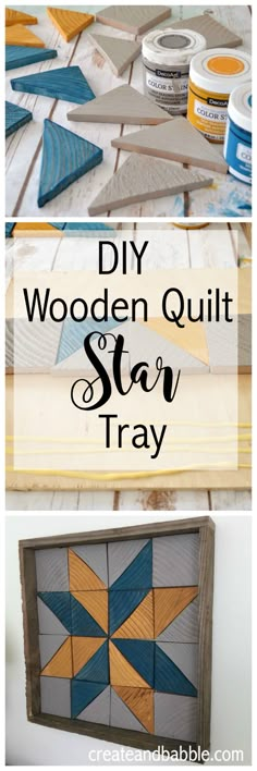 the finished wooden quilt star tray with text overlay that says diy wooden quilt star tray