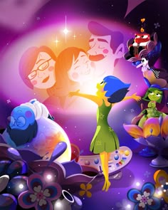 an image of some cartoon characters in the sky with flowers and stars around them on a purple background