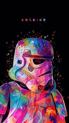 a star wars poster with a storm trooper on it's face and colorful paint splatters