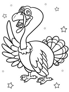 a cartoon turkey with stars on the ground and in the background, it is black and white