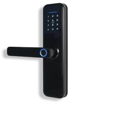 an electronic door lock with the keypad on it's side is shown in front of a white background