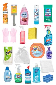 various household cleaning products are arranged on a white background, including hand sanitizers and gloves