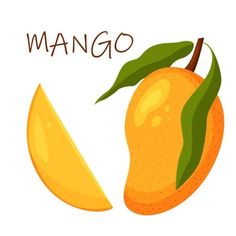 an orange with the word mango next to it on a white background and a green leaf