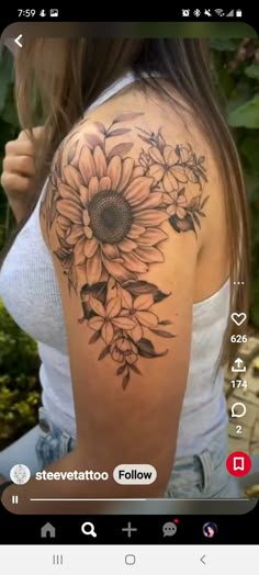 a woman with a sunflower tattoo on her shoulder