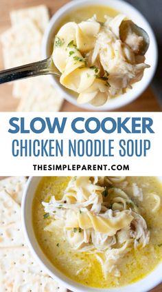 Chicken Noodle Soup. With Text Reading: Slow Cooker Chicken Noodle Soup Recipe. Easy Crockpot Chicken Noodle Soup Simple, Crockpot Chicken Noodle Soup, Slow Cooker Chicken Noodle Soup Recipes, Slow Cooker Chicken Noodle Soup, Chicken Noodle Soup Crock Pot, Make Shredded Chicken, Chicken Noodle Soup Easy, Easy Crockpot Chicken, Chicken Noodle Soup Homemade