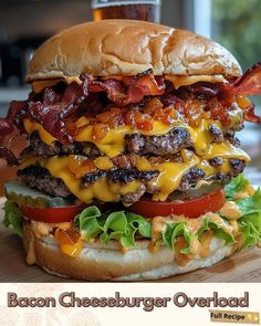 bacon cheeseburger overload with lettuce and tomatoes