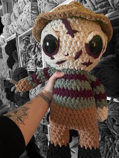 This creepy but cute guy is available for order in my shop! #freddy #horror #horrorfilms #slasher #halloween #spooky #crochet #creepy Freddy Krueger Crochet Pattern, Crochet Jason Voorhees Pattern, Horror Crochet Free Pattern, Horror Plushies, Crochet Creepy, Stuffy Toys, Horror Crochet, Crochet 90s