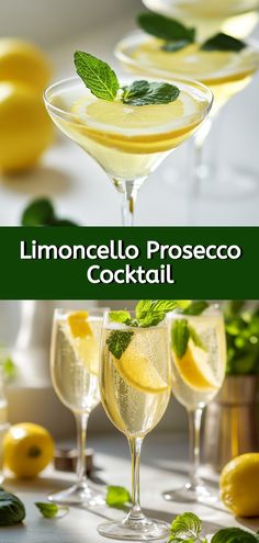 Limoncello Prosecco Cocktail Lemon Cello Drinks, How To Make Limoncello, Drink Recipes With Prosecco, Limoncello Drinks Recipes, Italian Drinks Alcohol, Processco Cocktails, Lemoncello Recipes Drinks, Disaronno Cocktails, Prosecco Cocktails Easy