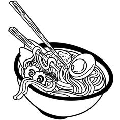 a black and white drawing of noodles with chopsticks in a ramen bowl