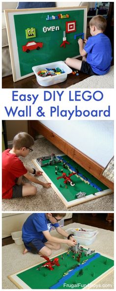 two boys playing with legos on the floor and in front of an easy diy lego wall and playboard