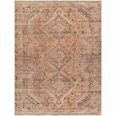 an antique style rug with brown and tan colors on the floor, including a large diamond pattern