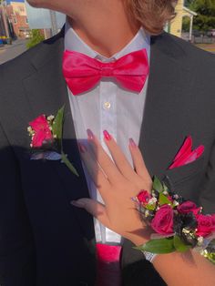 Hot Pink Corsage, Pink Prom Couple, Pink Prom Suit, Pink Corsage, Hot Pink Prom, Hot Pink Accessories, Pink Bowtie