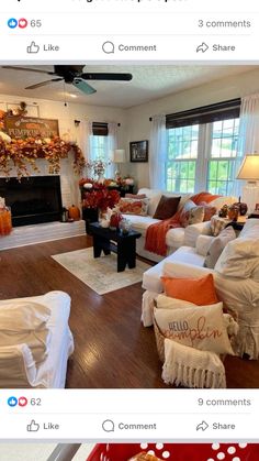 the living room is decorated for christmas with red and white decor