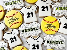 decorated cookies with numbers and baseballs on them for a birthday or other sports event