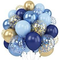 a bunch of balloons that are blue and gold