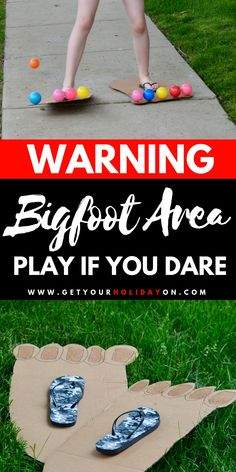 a child on a skateboard with the words warning bigfoot area play if you dare