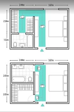 two floor plans showing the size and width of each room