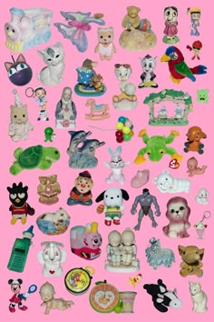 a pink background with many different types of stuffed animals