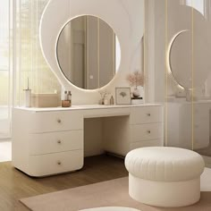 a white vanity with two round mirrors above it and a stool in front of it