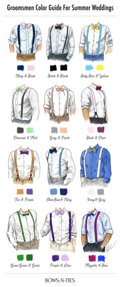 Groomsmen color guide for summer weddings. How to pair suspenders and bow ties. Groomsmen Colours, Gentlemens Guide, Suspenders Wedding, Bowtie And Suspenders, Suspenders Men, Suits Men, Color Guide, Summer Wedding Colors, Summer Wedding Outfits