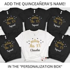 "Mis Quince Shirts, Quinceañera Shirts, Camiseta para Quinceañera  y chambelán, Quince Squad T-shirt, Mexican 15 Celebration, Sweet 16 Tee Our super cute and comfy Quinceañera T-shirts make a fantastic gift and are a wonderful addition to your Quince's big day!  Also perfect for your damas and for The Quinceañera's Mom to feel unique in these custom Bella+Canvas tees. 💎 >> This listing is for (1) one Quinceañera personalized single T-Shirt  - - - - IMPORTANT NOTE - - - - This is not sold as a s Quinceanera Damas And Chambelanes, Sweet 16 Shirts Ideas Design, Quince Shirts Ideas, Damas Outfits Quinceanera, Quinceanera Chambelanes, Quince Outfit, Quince Shirts, Sweet 16 Shirts, Bridesmaid Slippers