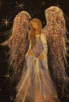 an angel painting with stars in the background