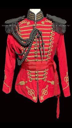 H6/6 Red with black  Contrast  This is Red 4pcs  Military hussars tailored jacket with dull Gold braids at chest and cuffs, it has brass polish buttons  & heavy Gold shoulder black  wire bullion (eppaulates)   and black aiguillettes and  Red waist self tie  Sash are included in this sale Please refer to the photos.  Sizes are available  To S to fit 40" chest -  To M to fit 42" chest   L - To Fit size 44" XL - to Fit size 46" Front and back length - 32" approximately  Sleeve length. - 26" approxi Gold Braids, Waist Sash, Toy Soldiers, Tailored Jacket, Mens Jackets, Jackets & Coats, Bathing Beauties, Sleeve Length, Mens Outfits