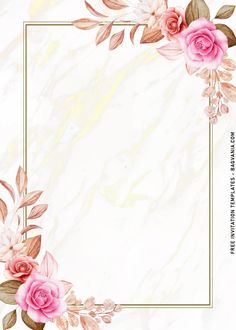 a white marble background with pink flowers and leaves on the corner, in an ornate gold frame