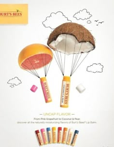 an advertisement for lip bales with fruit and parachutes in the sky above them