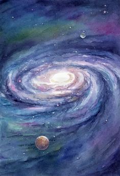 a painting of the milky with stars and planets in it, as well as watercolors