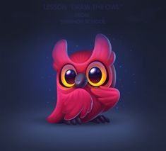 an owl with big yellow eyes sitting on the ground in front of a dark background