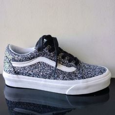 Vans Women's Old Skool Low Top Shiny Party Sneaker In Black / True White With Adorable Glitter Sparkly Upper :) Retail: $80 Condition: Brand New Without Tag & Original Shoe Box Women's Size: 6 Leopard Vans, White Slip On Vans, Vans Checkered, Vans Black And White, Shoes Vans, White Vans, Vans Slip On, High Top Vans, White Shoes Women