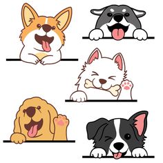 four different types of dogs with their tongue out and one dog sticking its head out