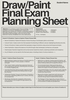 a black and white poster with the words draw / paint final exam planning sheet