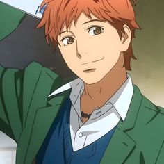 an anime character with red hair wearing a green jacket and white shirt, looking at the camera