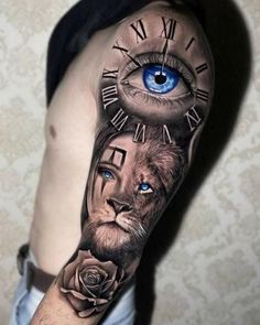 Half Lion king face Rose clock with eye tattoo