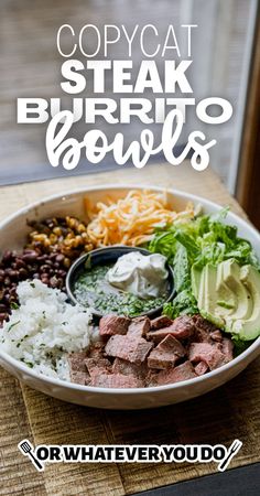 a bowl filled with meat, rice and beans