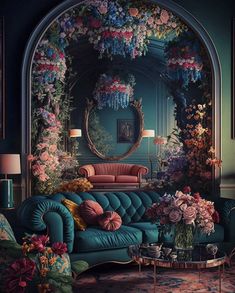 a living room filled with furniture and lots of flowers on the wall next to a mirror