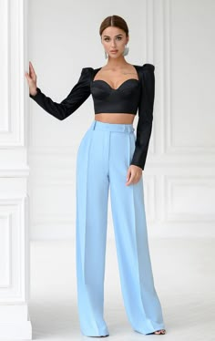 Fabric: Crepe Cotton 65%, Polyester 35% High waist Front button and zipper Wide leg Pants length: 105cm/ 41.3 in Regular Fit Pants, Zipper Pants, Corset Crop Top, Formal Suits, Blue White And Black, Wide Pants, Fit Pants, Corset Style, Blue Pants